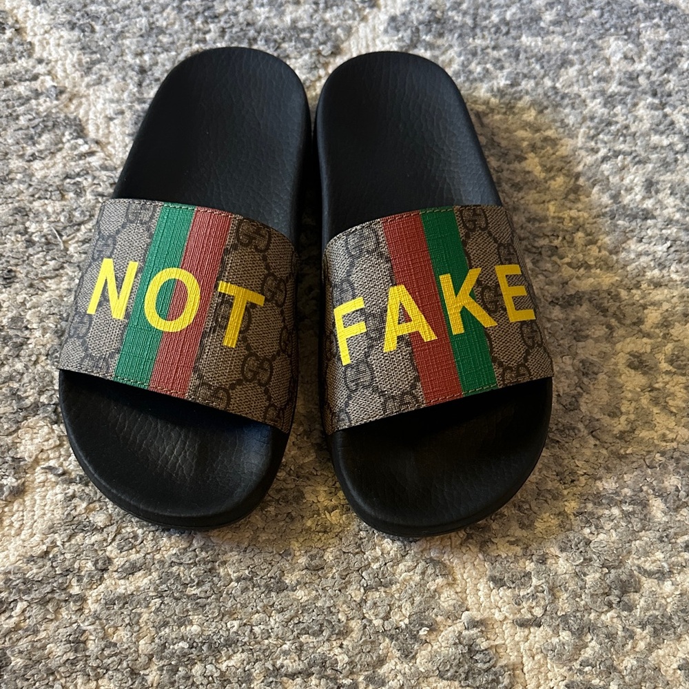 Gucci Black and Brown Slide Sandals with Yellow Lettering
